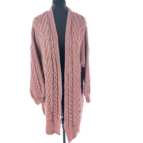 Topshop Women’s Chunky Cable Knit Long Open Front Cardigan Pink Rose Size 8 - Picture 2 of 16